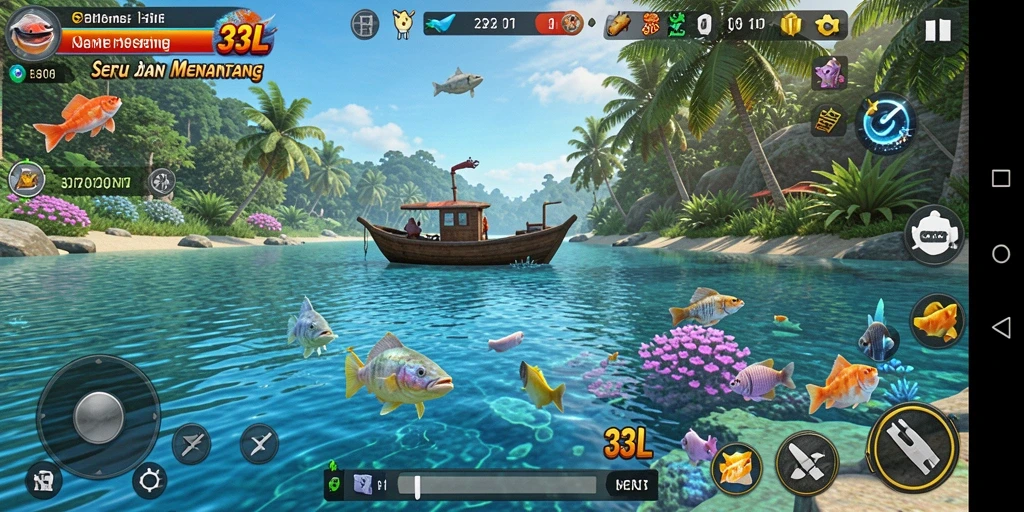 Tampilan gameplay 33L saat menangkap ikan di lautan yang luas.