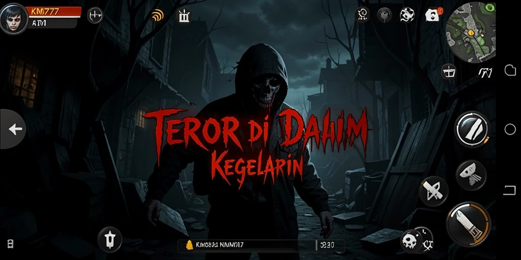Screenshot gameplay KM777 menampilkan karakter dalam kegelapan yang mencekam.