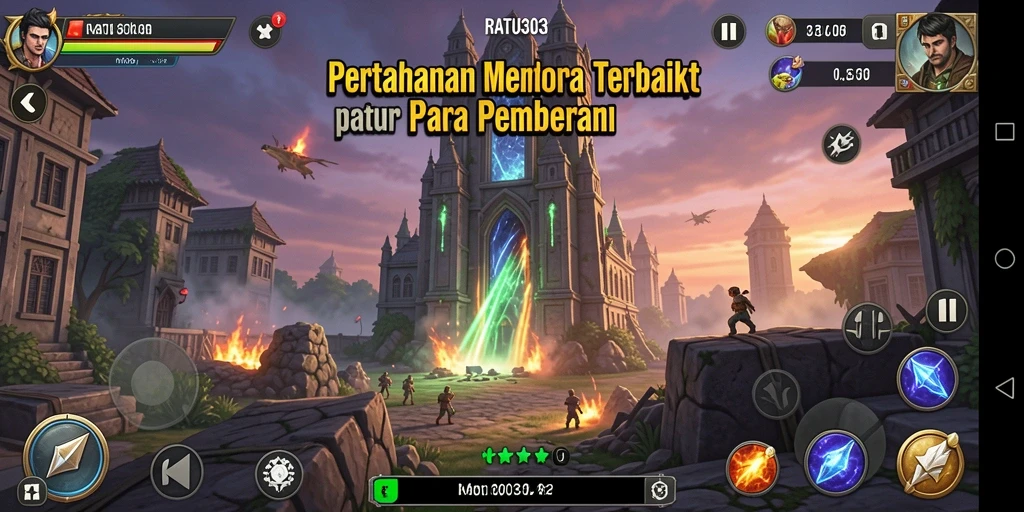 Tampilan gameplay menegangkan dalam RATU303 yang menampilkan menara dan musuh.