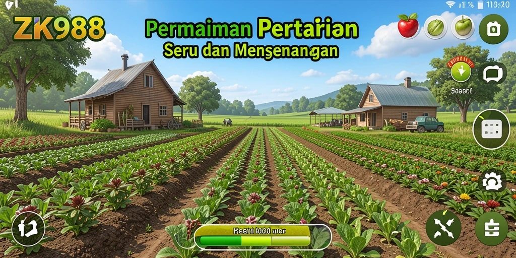 Screenshot gameplay ZK988 yang menunjukkan kebun yang subur dan aktivitas pertanian.